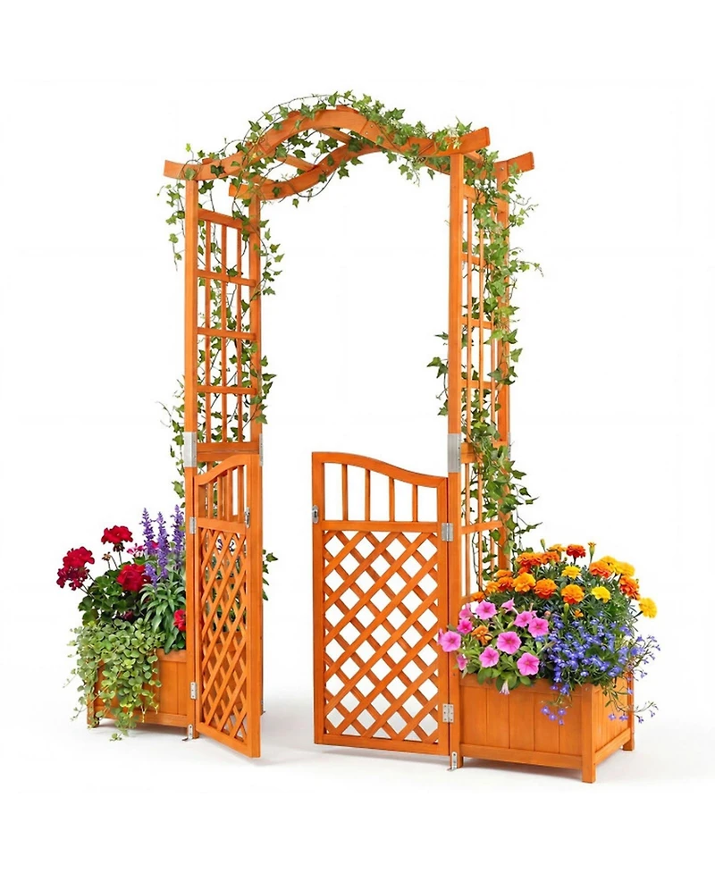 Gouun 83 in Wooden Garden Arbor with Gate and 2 Side Planter Boxes