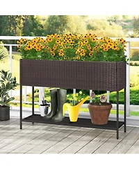 Gouun Elevated Wicker Raised Garden Bed with Storage Shelf and Drainage Gaps