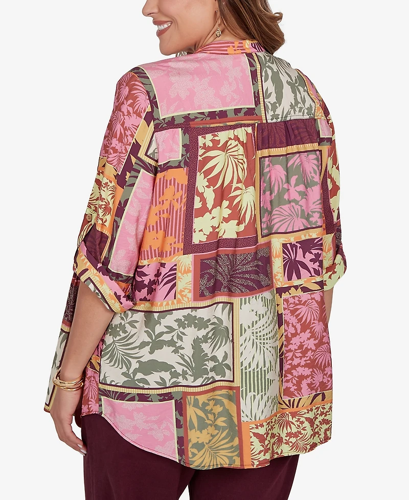 Ruby Rd. Plus Tropical Patchwork Voile Button Front Top