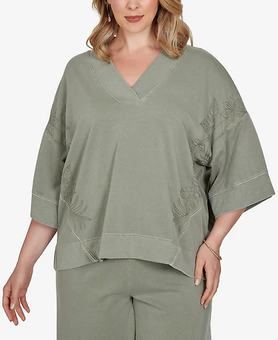 Ruby Rd. Plus Tropical Embroidered French Terry Knit Top
