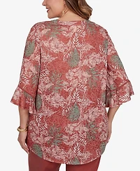 Ruby Rd. Plus Tropical Floral Burnout Split Neck Top