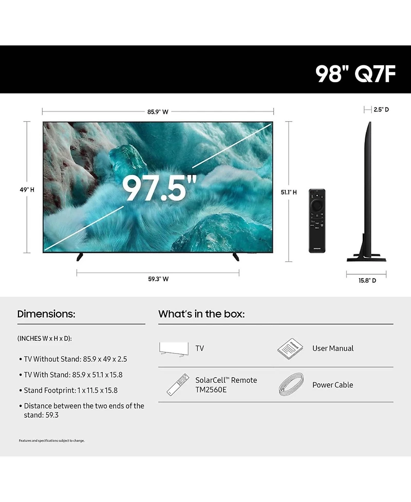 Samsung QN98Q7FAAFXZA 98" Qled Q7F 4K Vision Ai Smart Tv with a Walts Xxl-tilt-extension and Amber Protection 6-outlet-surge Surge Protector (2025)