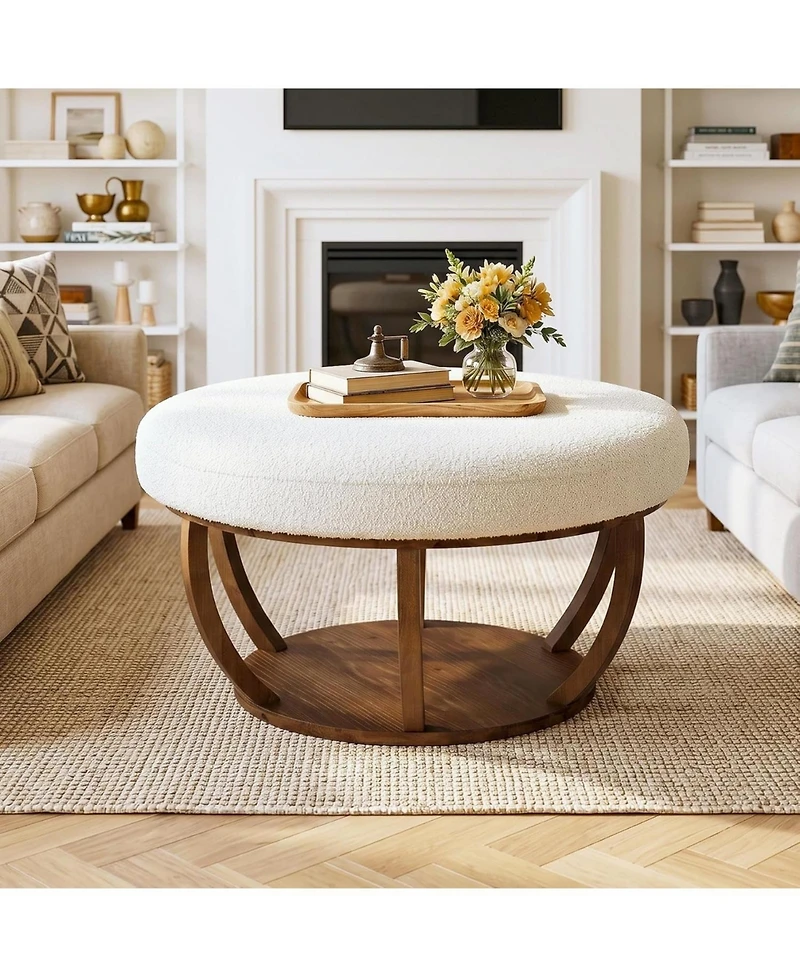 Tribesigns 31.5" Round Storage Ottoman Coffee Table, 2-Tier Modern Circle Upholstered Coffee Table with Storage and Solid Wood Base