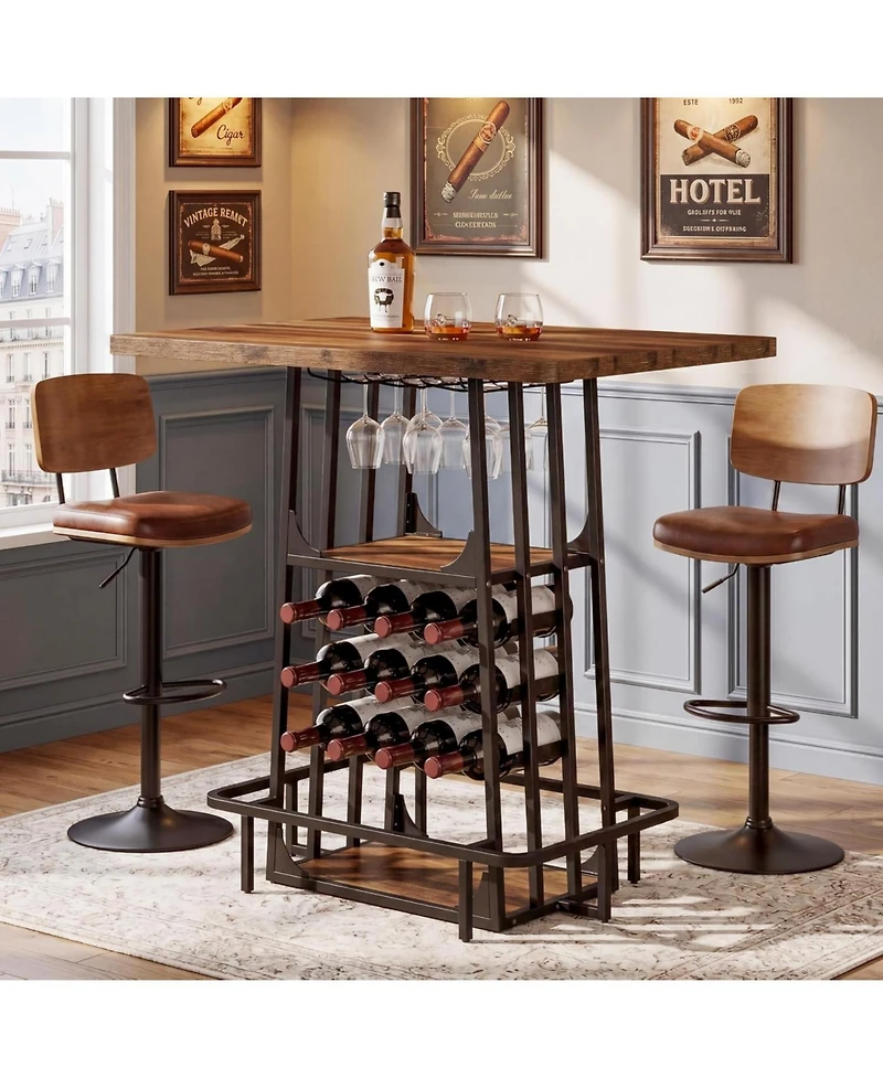Tribesigns 3-Tier Industrial Bar Table, 39.4 Inch High Top and Counter Height Pub Table with Glass Holder and Wine Rack
