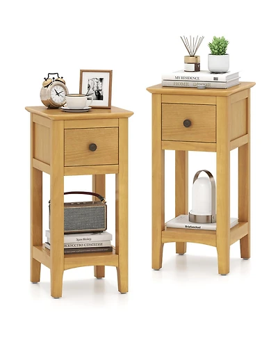 Gymax 2-Piece Nightstand 3-Tier Bedside Table with Open Storage Shelf and Narrow Side Table