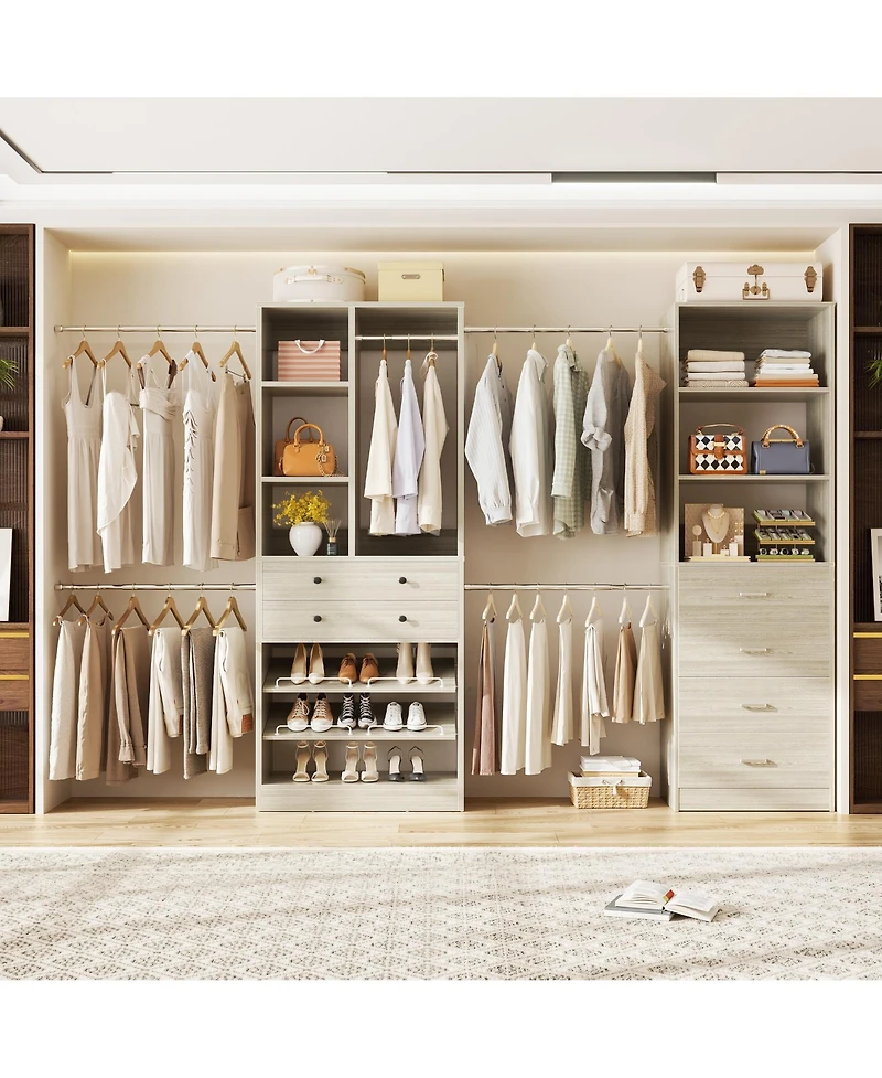 Aheaplus Wooden Closet System Set with 6 Drawers and 5 Hanging Rods Shelves