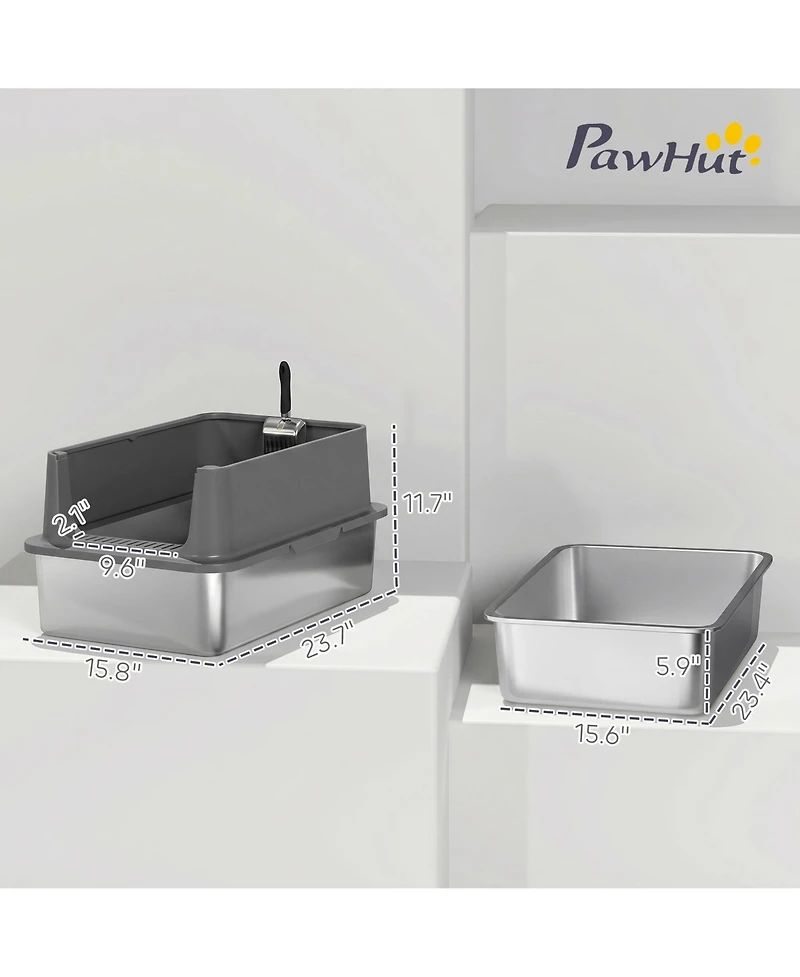 PawHut Xl Stainless Steel Cat Litter Box High Sided Include Scoop Pad