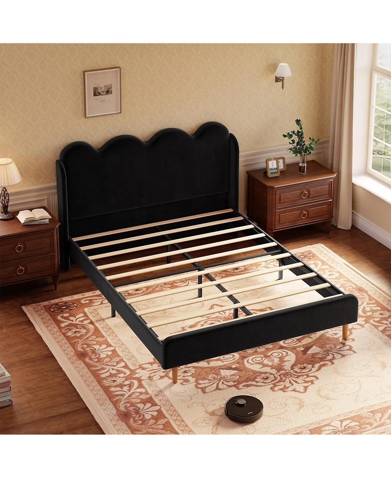 homfan Upholstered Wingback Platform Bed with Scalloped Edges and Velvet Tufted Headboard, Easy Setup