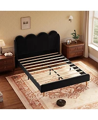 homfan Upholstered Wingback Platform Bed with Scalloped Edges and Velvet Tufted Headboard, Easy Setup