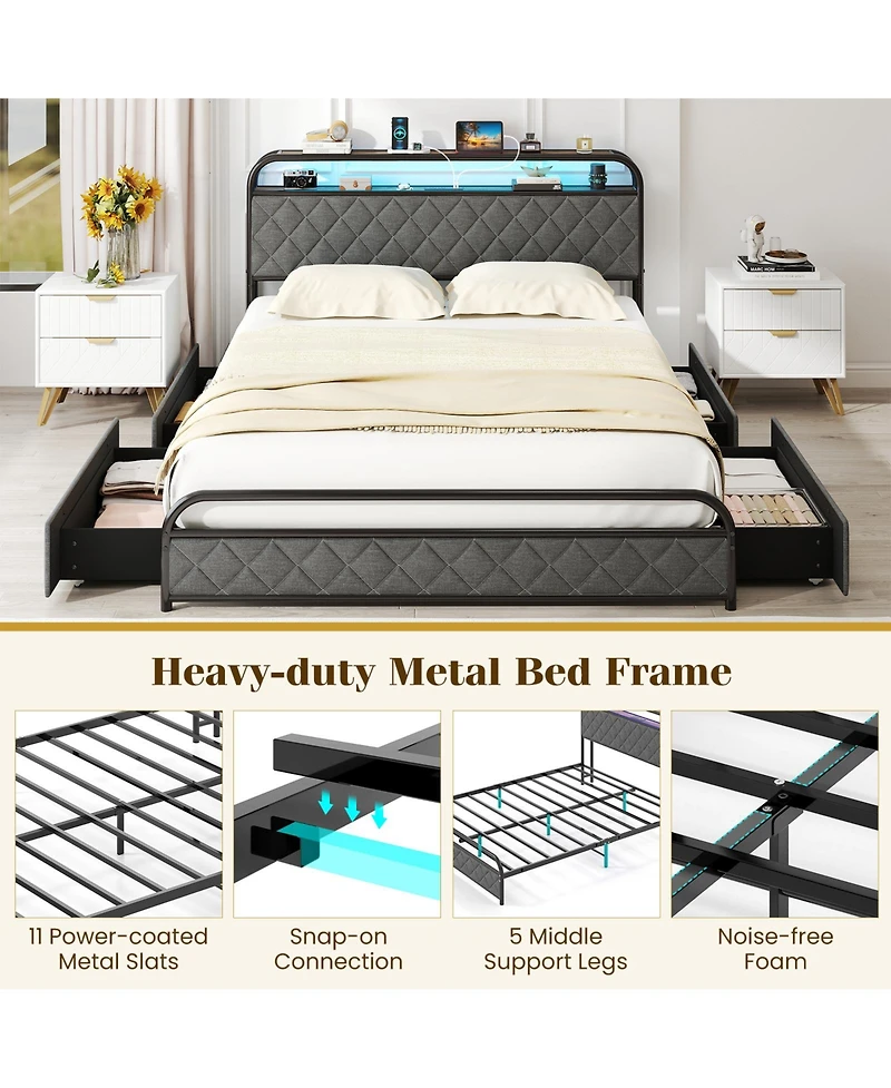 Slickblue Modern Platform Bed Frame with Led Lighting and Power Outlet