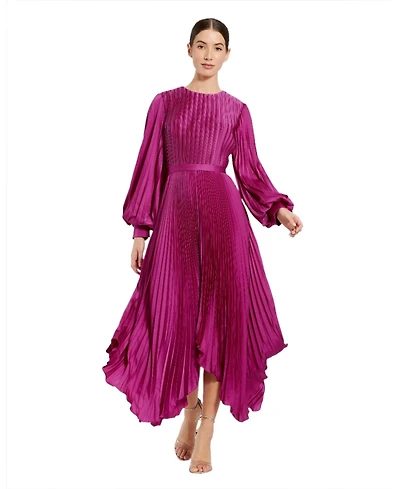 Mac Duggal Petite Pleated Charmeuse Midi Dress with Handkerchief Hem