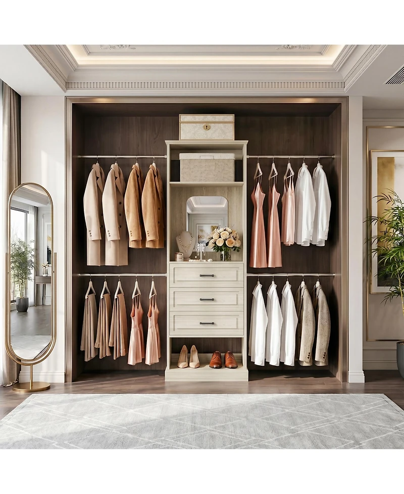 Aheaplus Wooden Closet Organizer with 4 Hanging Rods and 3 Drawers Mirror