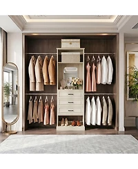 Aheaplus Wooden Closet Organizer with 4 Hanging Rods and 3 Drawers Mirror