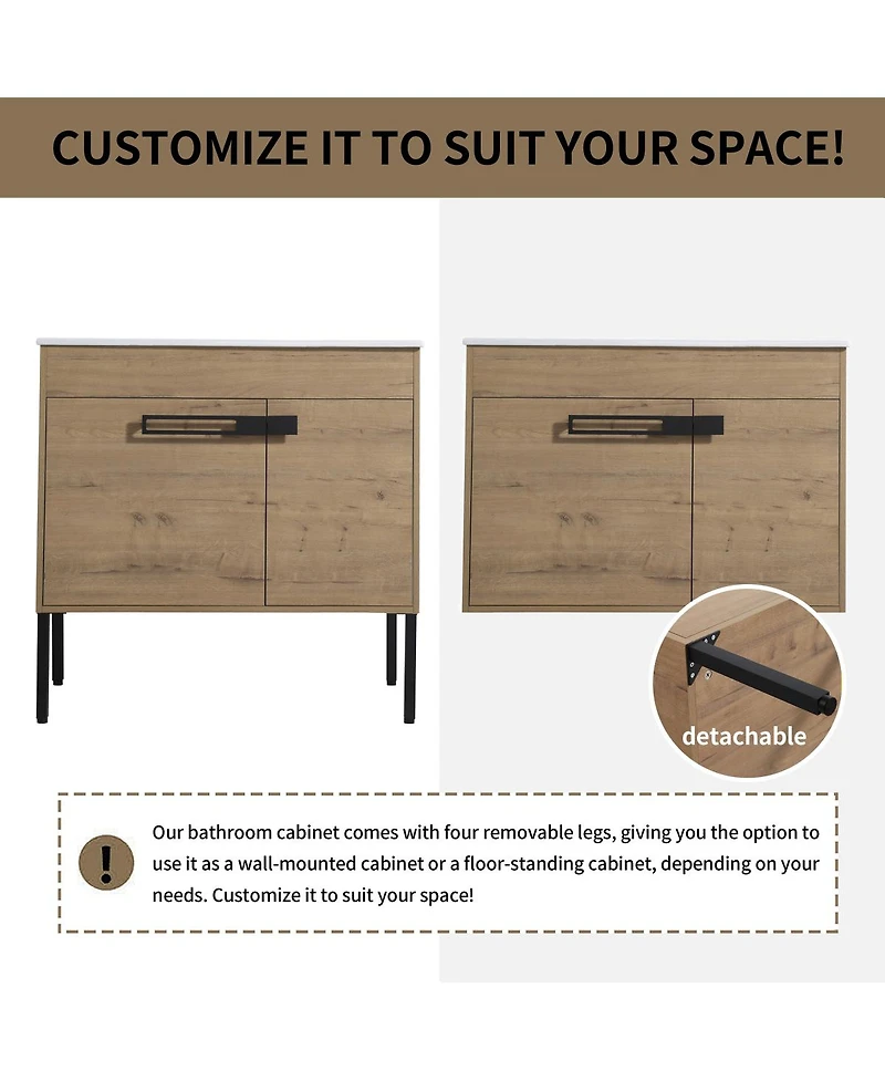 Sillysis Modern Bathroom Vanity with Ceramic Sink, Wall Mounted or Freestanding, Soft Close Doors