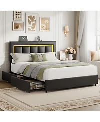 Homfan Led Bed Frame with 4 Drawers, Pu Leather Platform Charging Station for Bedroom