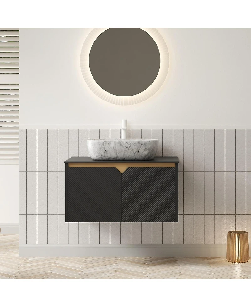 Sillysis Wall Mounted Bathroom Vanity with Sintered Stone Top, Volakas Marble Pattern Sink, Soft Close Doors