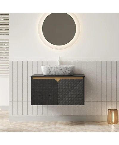 Sillysis Wall Mounted Bathroom Vanity with Sintered Stone Top, Volakas Marble Pattern Sink, Soft Close Doors