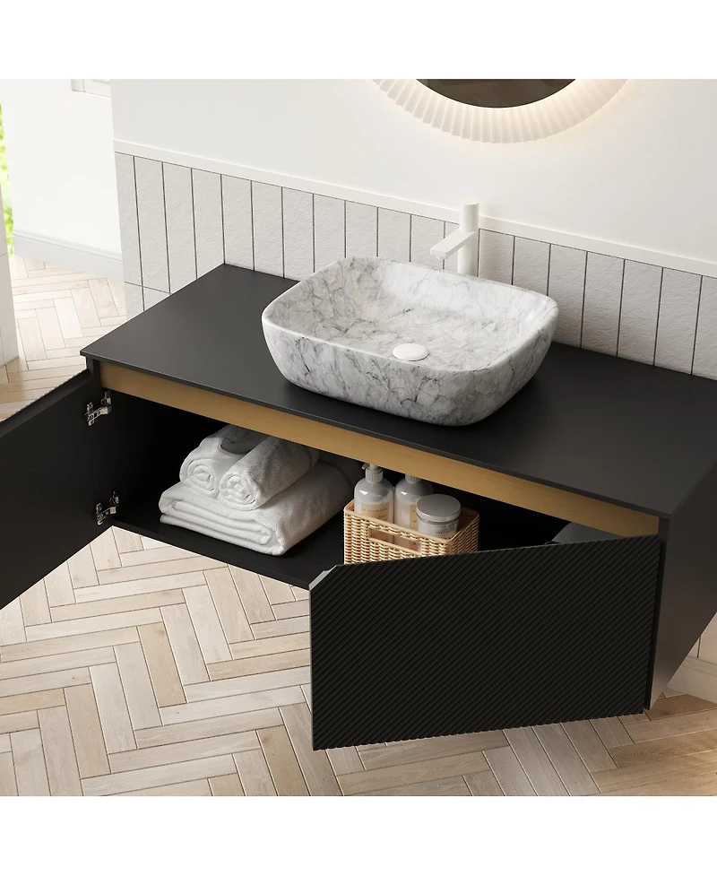 Sillysis Wall Mounted Bathroom Vanity with Sintered Stone Top, Volakas Marble Pattern Sink, Soft Close Doors
