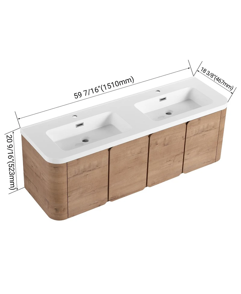 Sillysis 60 Inch Wall Mounted Modern Bathroom Vanity with Double Resin Sink, Soft Close Doors, Plywood Cabinet for Storage