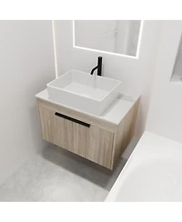 Sillysis Wall Mounted Bathroom Vanity with Ceramic Vessel Sink,Stone Top, Soft Close Doors, Modern Handle Design