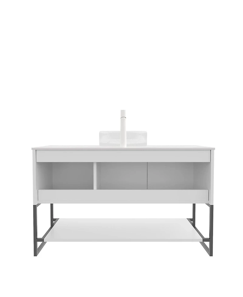 Sillysis 48 Inch Modern Bathroom Vanity with Glass Vessel Sink, Soft Close Doors, Sintered Stone Top, Large Open Shelf Storage