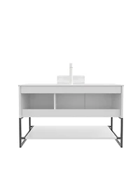Sillysis 48 Inch Modern Bathroom Vanity with Glass Vessel Sink, Soft Close Doors, Sintered Stone Top, Large Open Shelf Storage