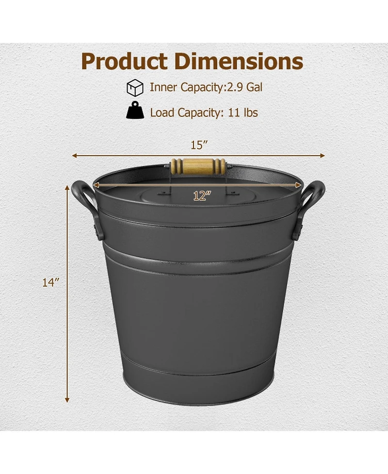 Gouun Gallon Metal Coal Ash Can with Wooden Lid and Side Grip Handles