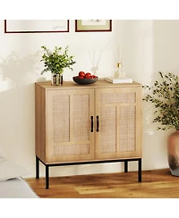 Gouun 31.5 x 32 inches Boho Rattan Storage Cabinet with Asymmetrical Doors and 250 lbs Capacity