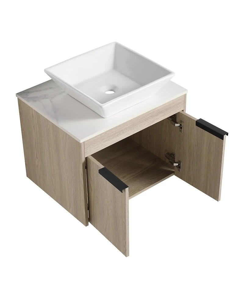 Sillysis Wall Mounted Bathroom Vanity with Ceramic Vessel Sink, Side Storage Shelf, Soft Close Doors
