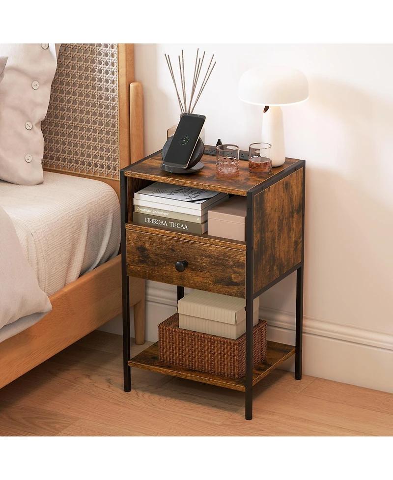 Gymax Nightstand with Charging Station Bedside Table with Usb Ports and Outlets