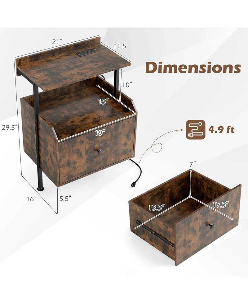 Gymax 2 pieces Nightstand Wall-mounted Bedside Table w/ Led Lights and Charging Station