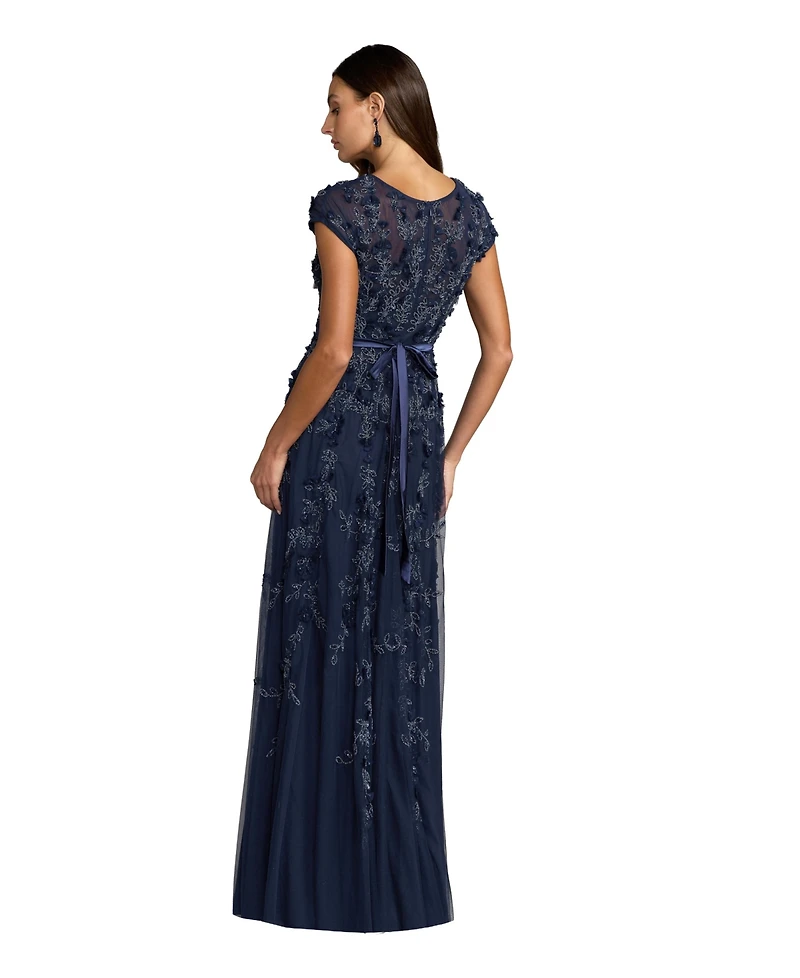 Mac Duggal Women's Floral Embellished Short Sleeve Mesh Gown