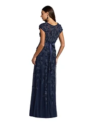 Mac Duggal Women's Floral Embellished Short Sleeve Mesh Gown