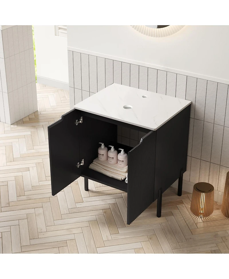 Sillysis 24 Inch Bathroom Vanity without Basin, Sintered Stone Top, Striped Soft Close Doors, Black Modern Scandinavian Storage Cabinet