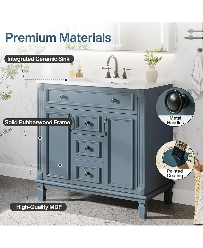 Tribesigns 36-Inch Bathroom Vanity with Sink, Freestanding Bathroom Sink Cabinet with 2 Doors and 2 Drawer, Adjustable Shelf