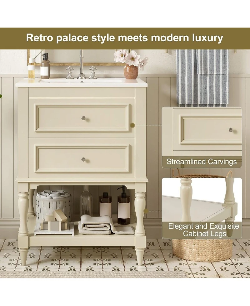 Thirtypeachy 24" French White Simple Solid Wood Mdf Bathroom Vanity With Ceramic Sink, 2 Drawers Adjustable Shelf, 4" Faucet Fit