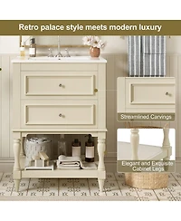 Thirtypeachy 24" French White Simple Solid Wood Mdf Bathroom Vanity With Ceramic Sink, 2 Drawers Adjustable Shelf, 4" Faucet Fit