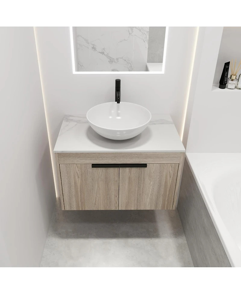 Sillysis Wall Mounted Bathroom Vanity with Ceramic Vessel Sink, Stone Top, Soft Close Doors