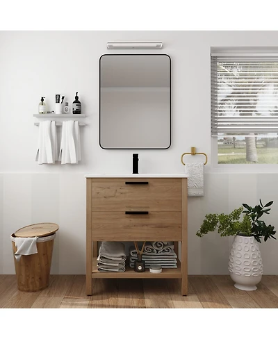 Sillysis Freestanding Bathroom Vanity with Ceramic Sink, Modern Soft Close Drawers, Open Storage Shelf, Plywood Base