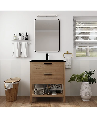 Sillysis Freestanding Bathroom Vanity with Ceramic Sink, Modern Soft Close Drawers, Open Storage Shelf, Plywood Base