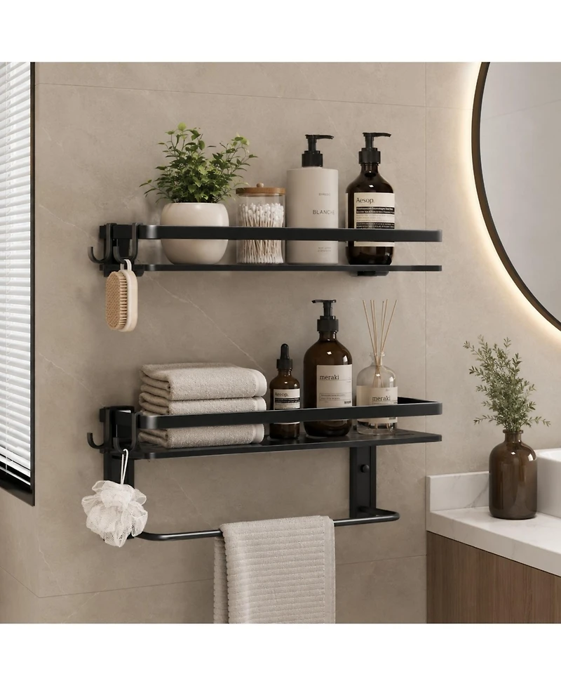 Phying 15.7 Inch 2 Tier Wall Mounted Tempered Glass Bathroom Shelf Multifunctional Bathroom Storage Organizer With Towel Bar For Bathroom