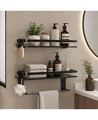 Phying 15.7 Inch 2 Tier Wall Mounted Tempered Glass Bathroom Shelf Multifunctional Bathroom Storage Organizer With Towel Bar For Bathroom