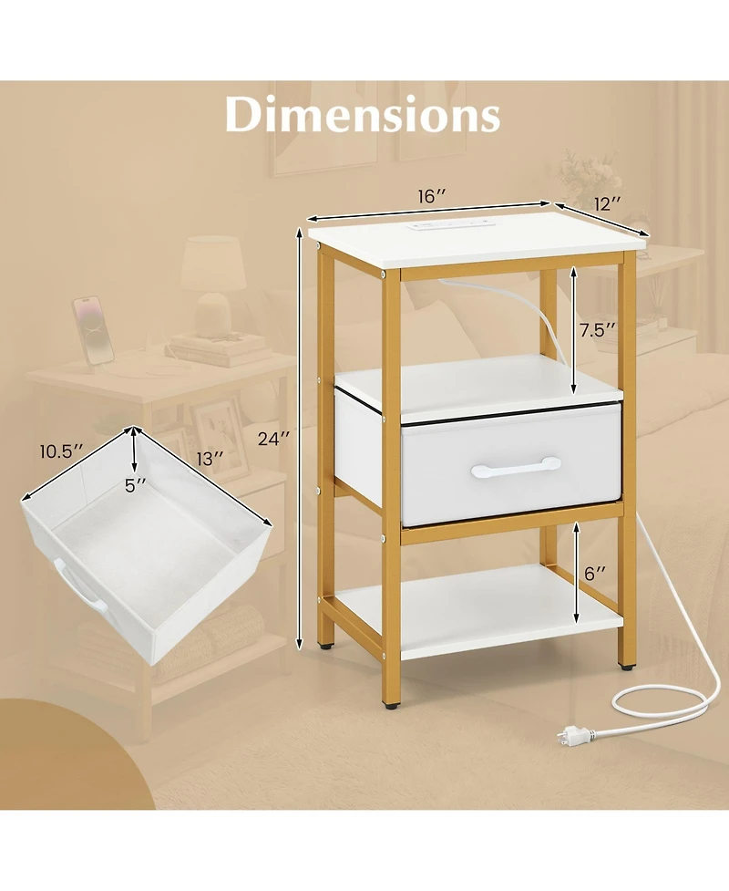 Slickblue Modern 2-Piece Nightstand Set with Adjustable Fabric Drawer and Charging Station