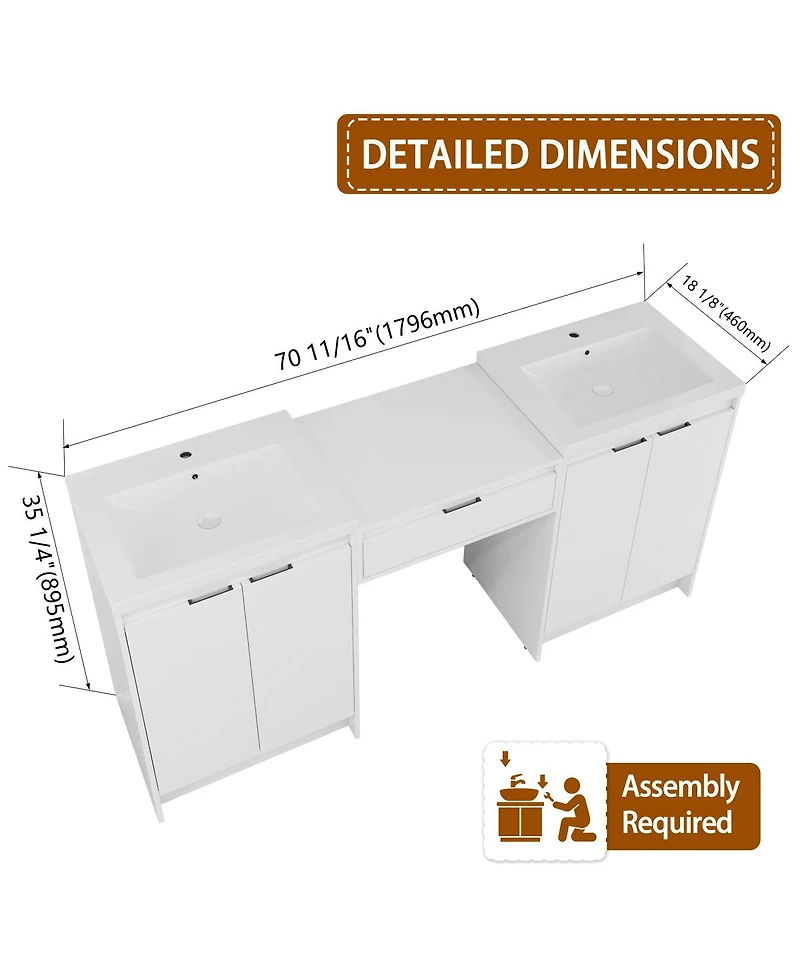 Sillysis 71 Inch Modern Double Bathroom Vanity with Resin Sinks, Soft Close Doors, Scratch and Water-Resistant Cabinet, Side Storage