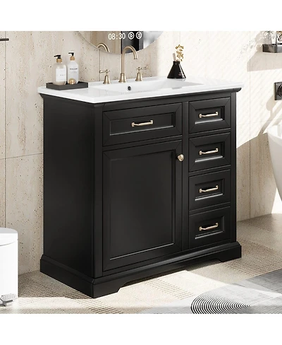 Thirtypeachy 36" Freestanding Vanity With Ceramic Sink, Soft-Close Door, 2 Tip-Out Drawers, Deep Drawers
