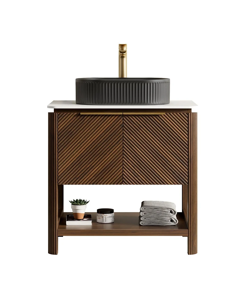 Sillysis Modern Bathroom Vanity with Vessel Sink, Sintered Stone Countertop, Soft Close Solid Wood 3D Doors
