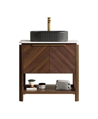 Sillysis Modern Bathroom Vanity with Vessel Sink, Sintered Stone Countertop, Soft Close Solid Wood 3D Doors