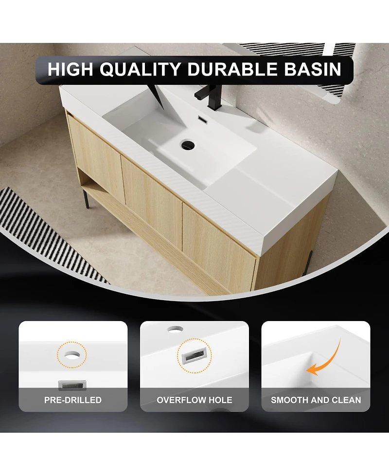 Sillysis 47 Inch Freestanding Bathroom Vanity with Resin Basin, Double Doors, Large Storage, Open Shelf for Modern Bathrooms