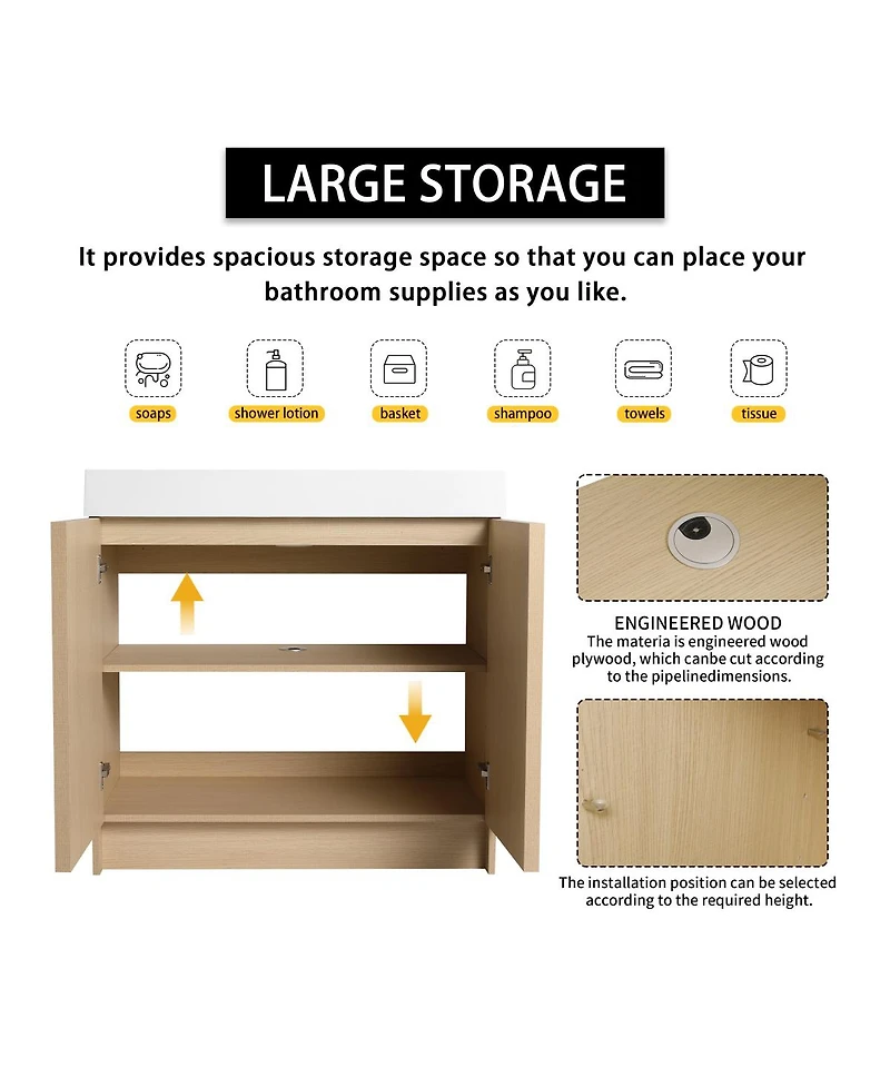 Sillysis 35 Inch Freestanding Bathroom Vanity with Resin Sink, Soft Close Doors, Adjustable Shelf, Ample Storage for Modern Bathrooms