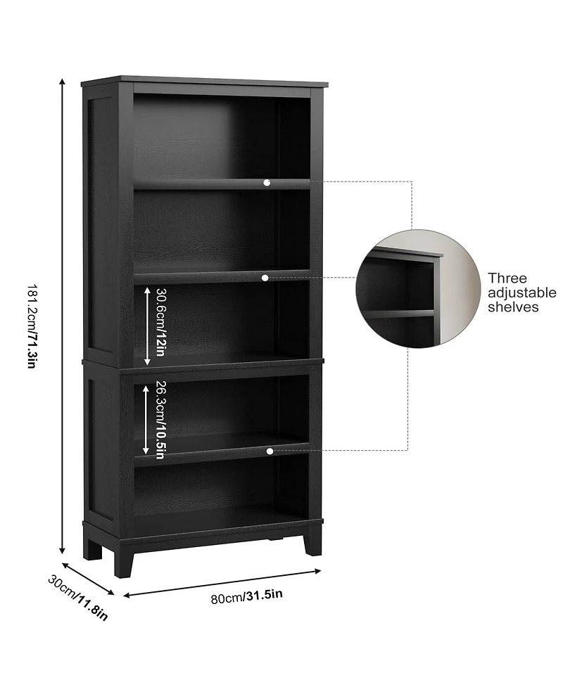 homfan 71 Inch Modern 5-Tier Wooden Bookcase with Adjustable Shelves, Freestanding Large Storage Organizer for Apartments, Office, Bedroom